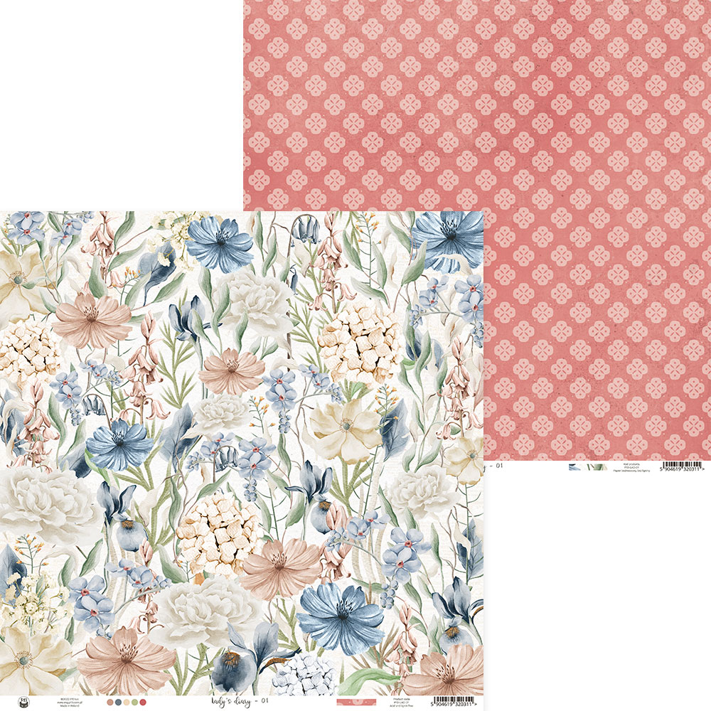 Papel decorativo com padrão floral em tons suaves e verso coral com pequenos motivos brancos
