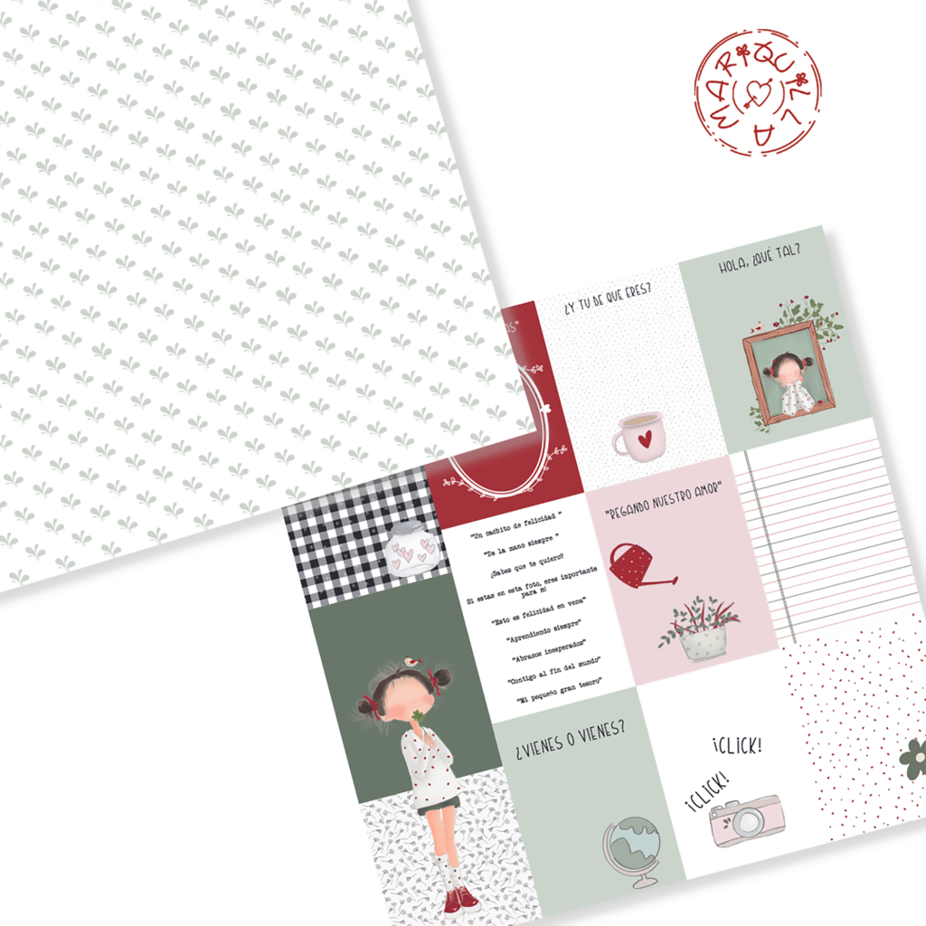 Folhas decorativas com ilustrações e texto em tons pastéis e carimbo vermelho