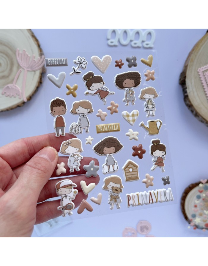 Folha de autocolantes de personagens e flores coloridas sobre fundo lilás