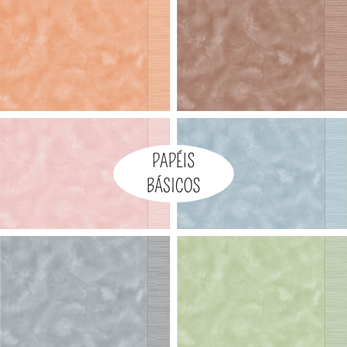 Folhas de papel marmoreado em várias cores pastéis com bordas lisas e etiqueta com texto PAPÉIS BÁSICOS