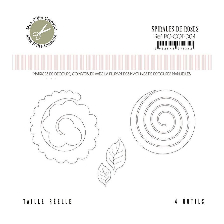 Embalagem branca com ferramentas de corte espiral e folhas, texto em francês