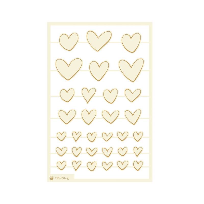 Folha de autocolantes com corações bege claro e contorno dourado