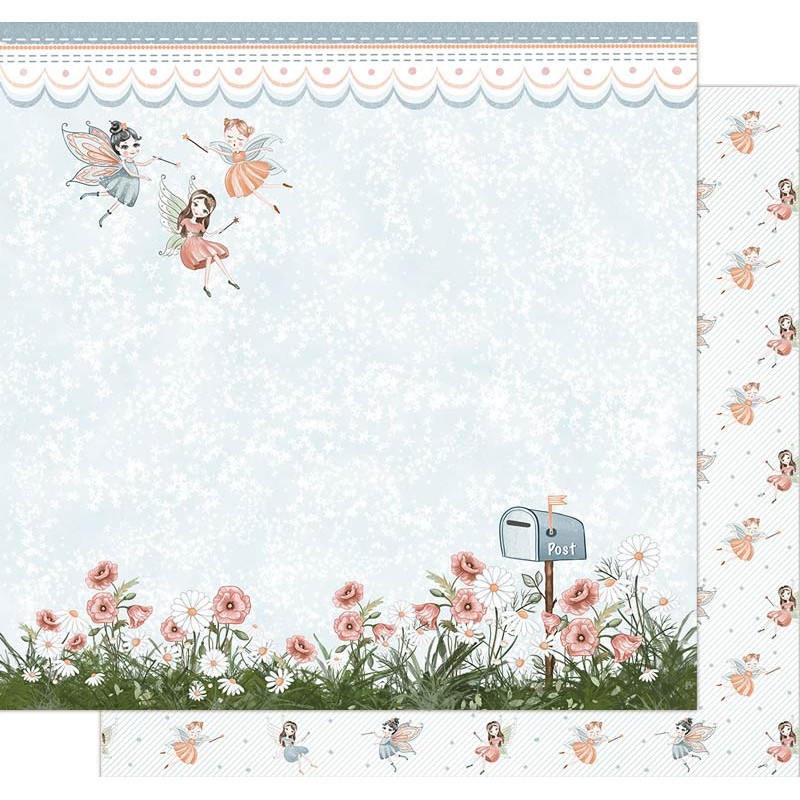 Papel decorativo com flores, caixa de correio e fadas coloridas em fundo azul