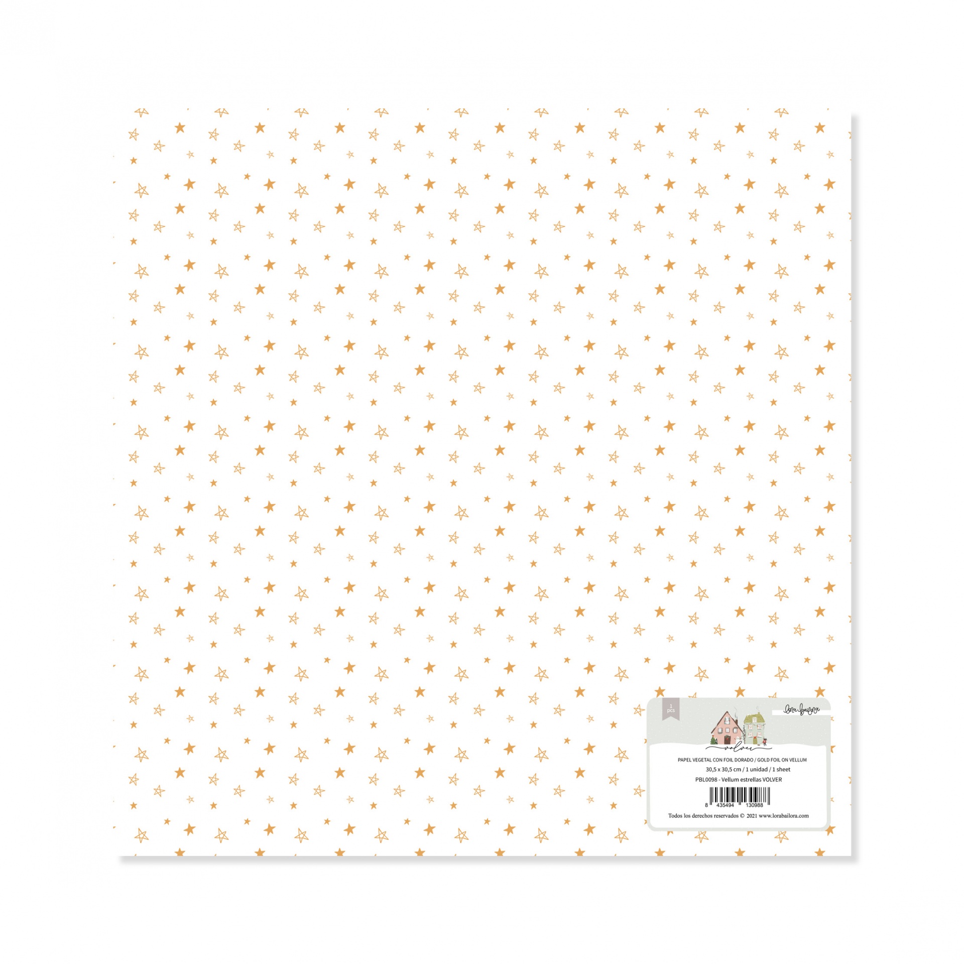 Folha de papel decorativo branco com estrelas douradas e etiqueta com texto e código de barras