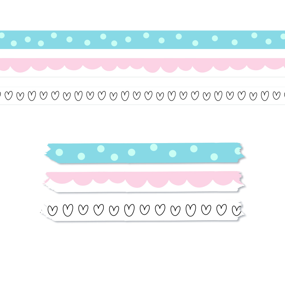 fitas adesivas decorativas azul, rosa e branca com padrões de bolinhas, bordas onduladas e corações