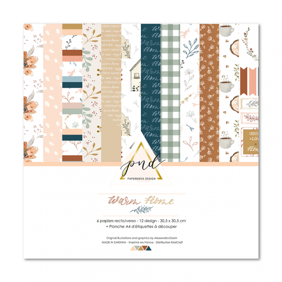 Papel decorativo com vários padrões florais, xadrez e texto manuscrito, em tons suaves e terra.