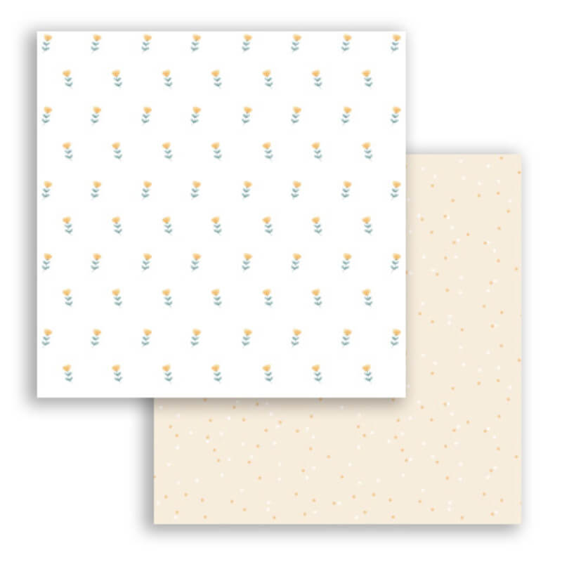 Dois papéis de embrulho com padrões florais e de pontos em tons suaves