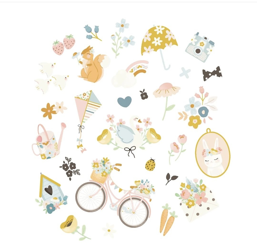 Vários desenhos ilustrativos coloridos de flores, frutas, animais e objetos delicados