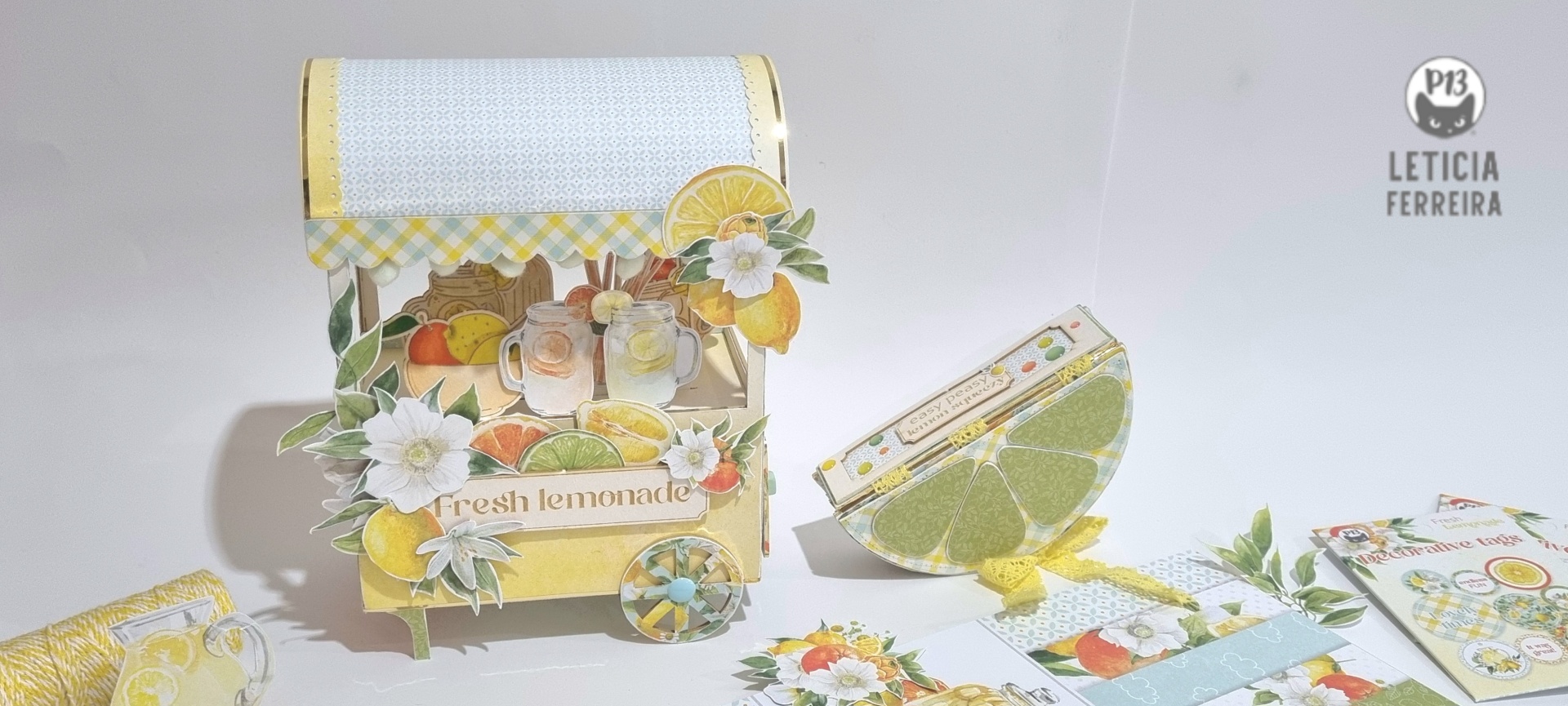 Conjunto de papelaria decorado com tema de limonada, com envelopes, cartão e recortes coloridos