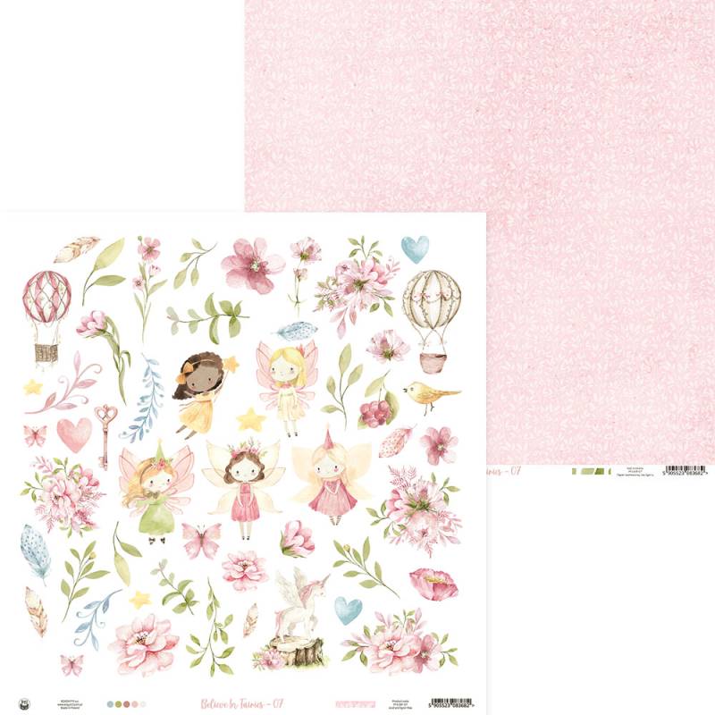 Papel decorativo para scrapbook com fadas e flores em tons pastel