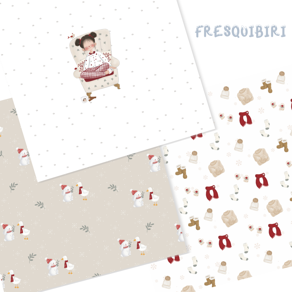 Três padrões de papel de parede infantil com temas de inverno e texto 'FRESQUIBIRI'