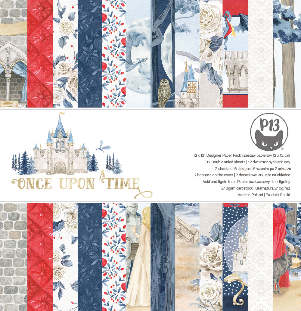Pacote de papel decorativo ONCE UPON TIME com estampas variadas em azul, vermelho e bege para scrapbooking