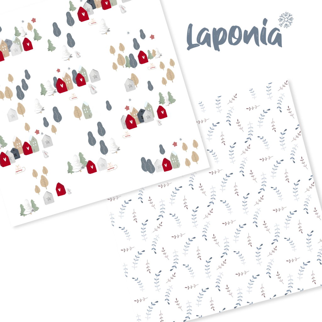 Dois tecidos com padrões, casas e árvores coloridas e folhas em fundo branco com a palavra Laponia