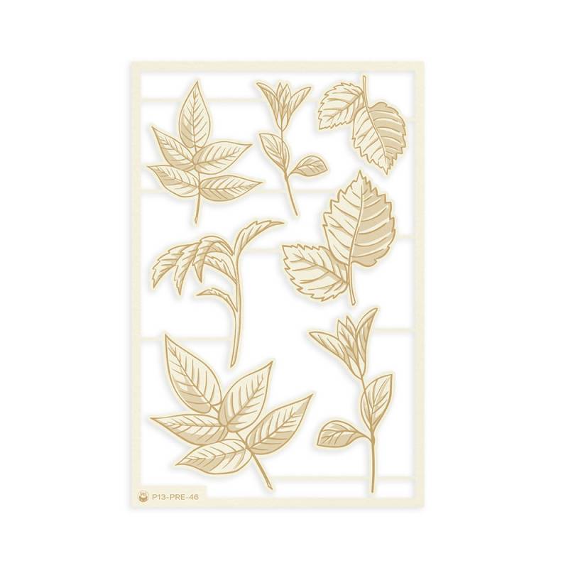 Moldes em PVC bege com formatos variados de folhas numa moldura branca