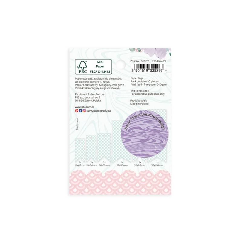Embalagem de papel decorativo com padrões roxo e rosa e texto de instruções