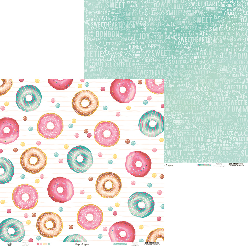 Papel decorativo com padrão de donuts coloridos e texto branco sobre fundo verde-azulado