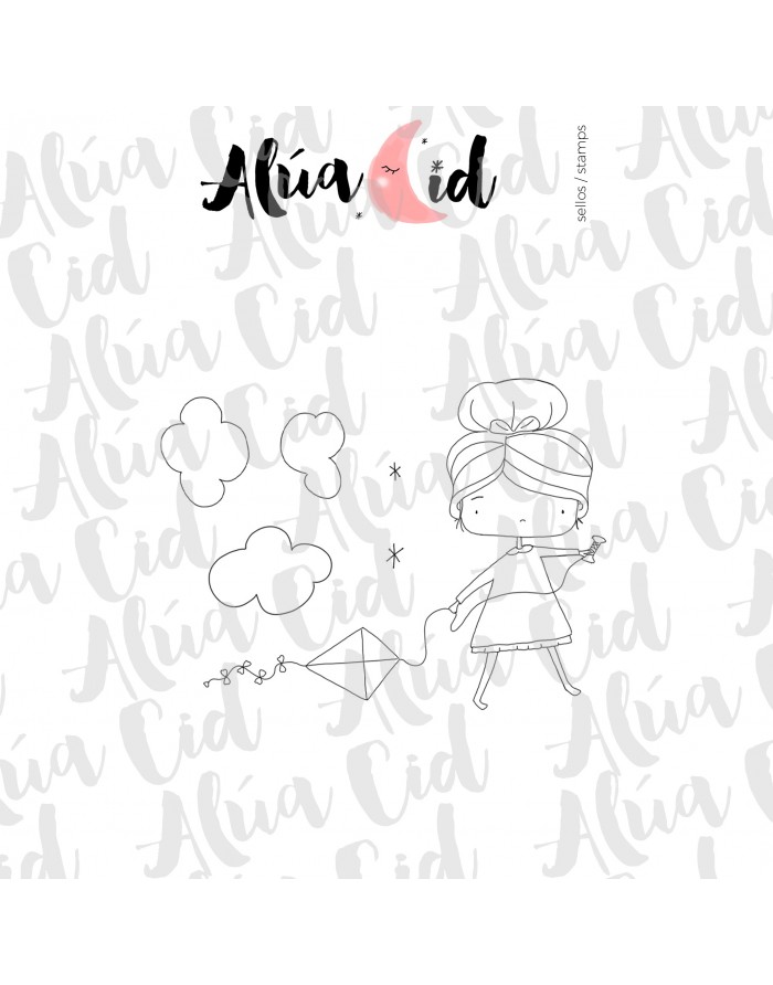 Desenho a preto e branco de menina a soltar papagaio com nuvens e estrelas