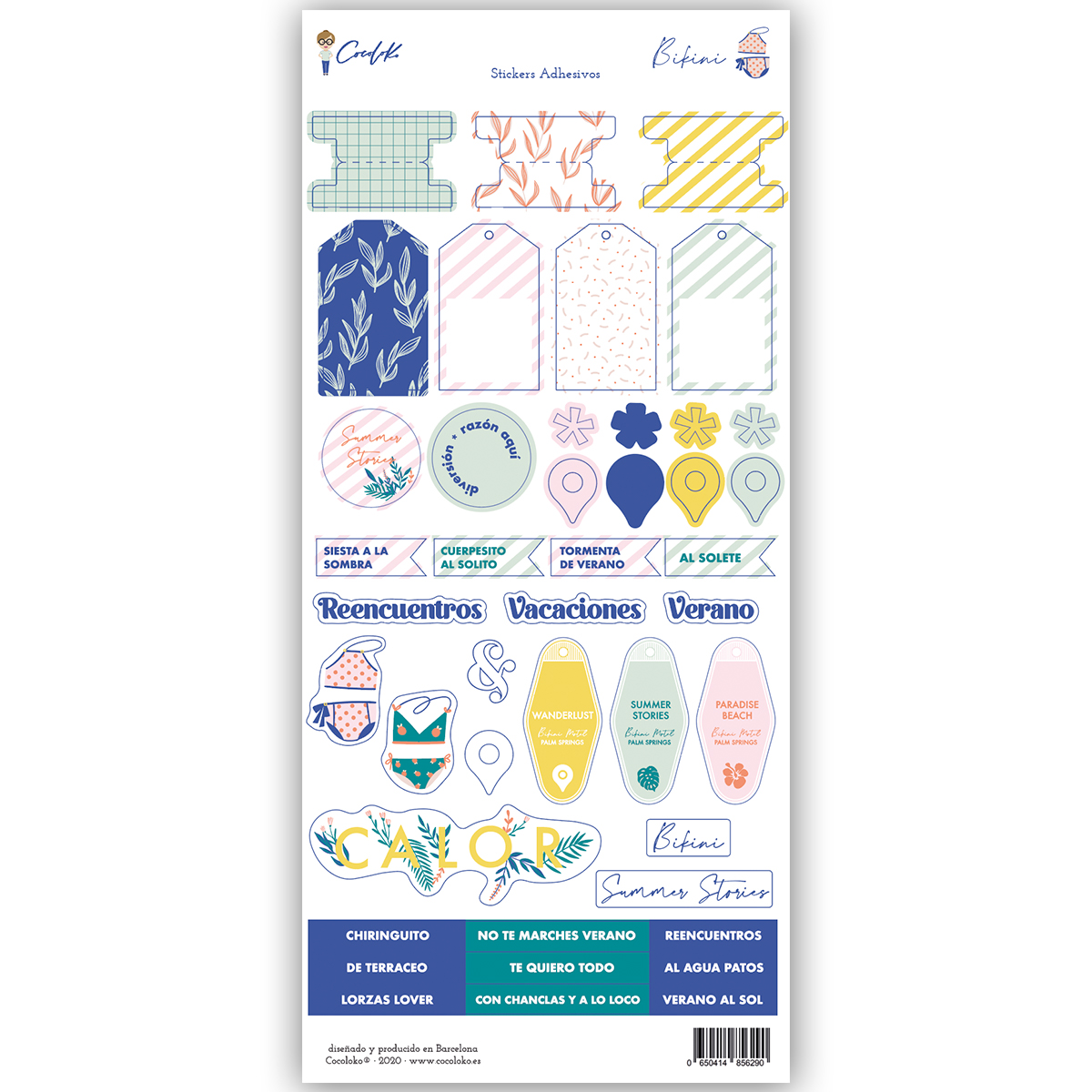 Folha de autocolantes adesivos variados com temas de verão e palavras em castelhano