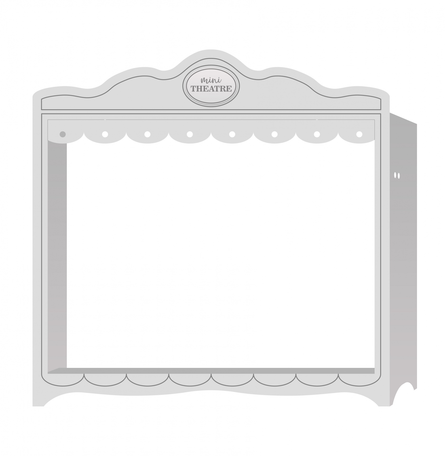 Teatro de marionetas cinza com moldura decorativa e texto PEQUIN THEATRE