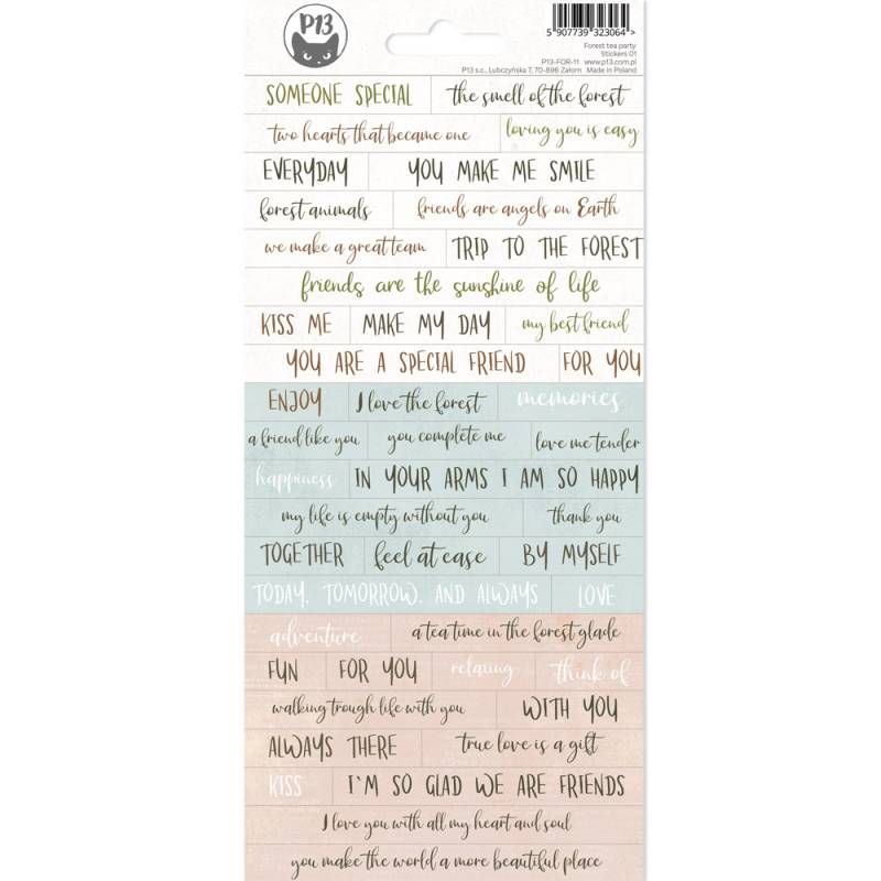 Folha de autocolantes com frases em inglês em várias cores e estilos, fundo listrado nas cores bege, branca, azul e cinza claro.