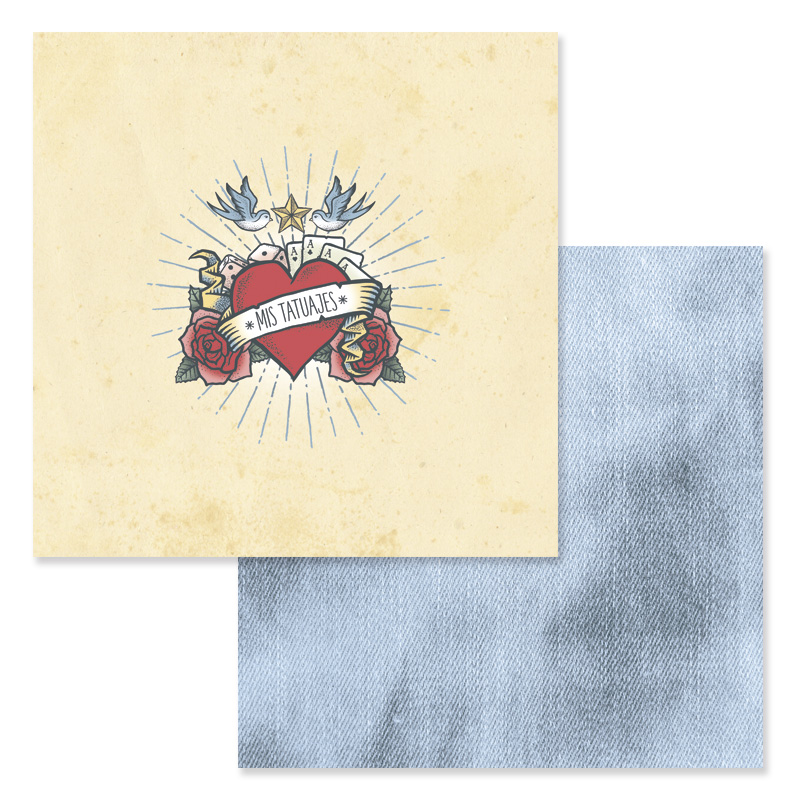 dois papéis decorativos com ilustração de coração, flores e texto MOS TATUAJES