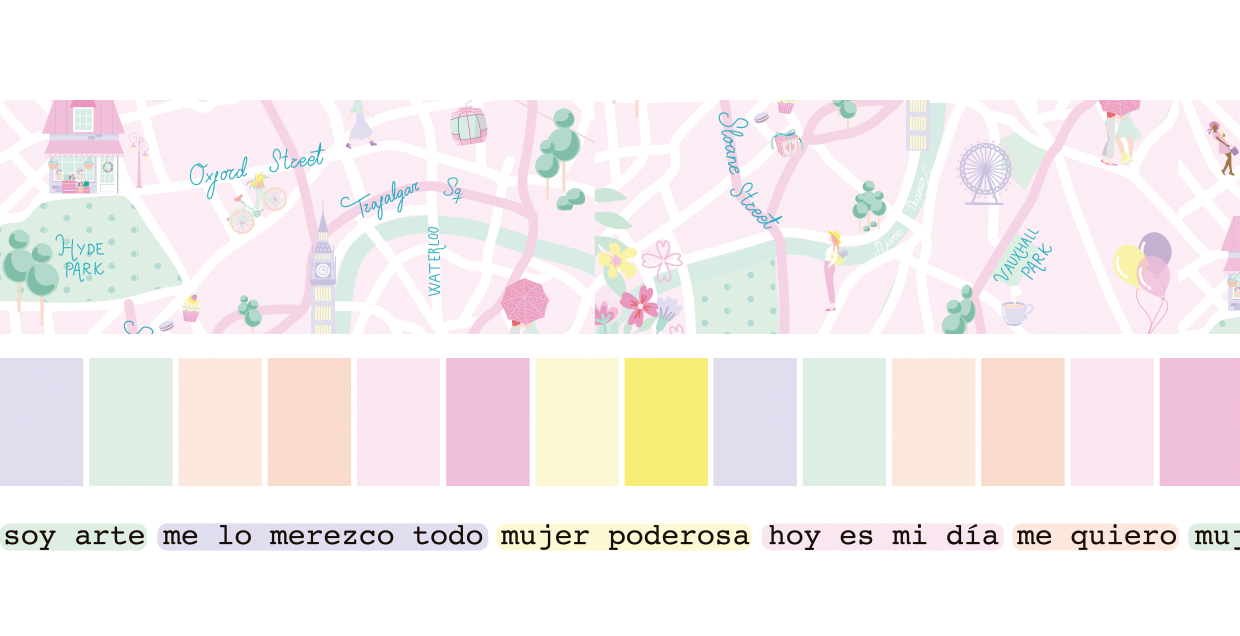 Faixa decorativa com texto motivacional em espanhol e mapa estilizado colorido