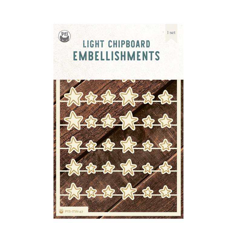 Embalagem com adornos em chipboard de estrelas claras sobre fundo de madeira escura