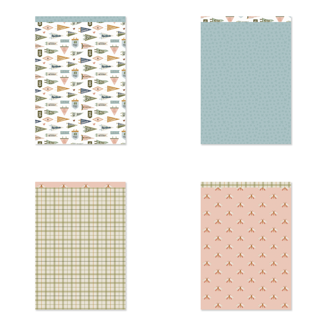 Folhas de papel decorativo com padrões geométricos, azul, xadrez e rosa