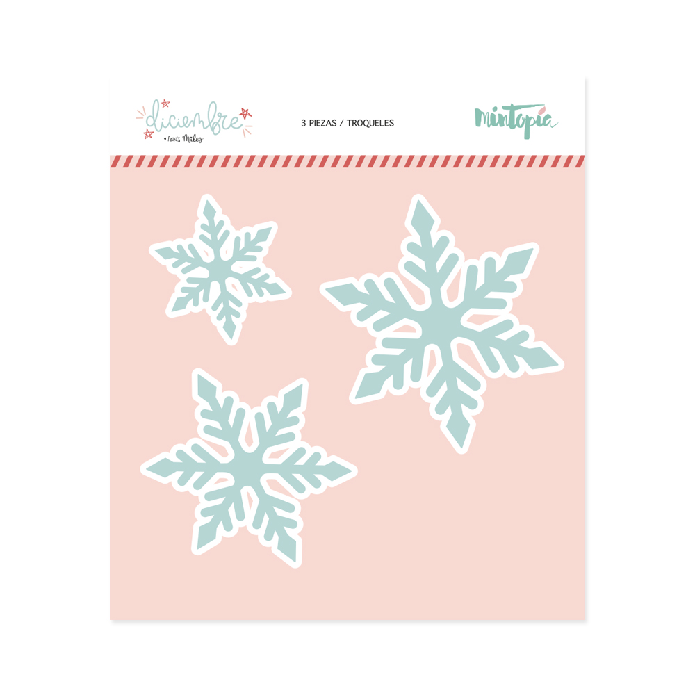 Embalagem com 3 troqueles de flocos de neve azul claro e branco