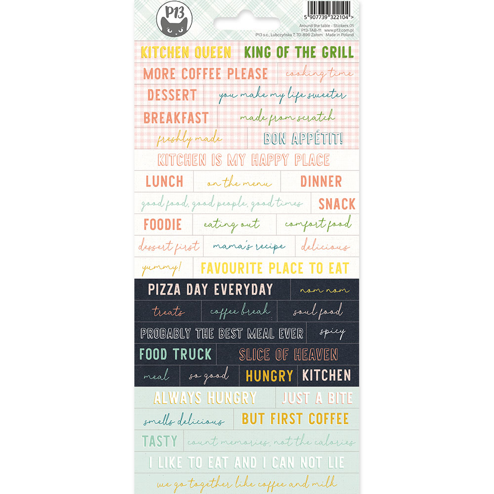 Conjunto de autocolantes com frases em inglês sobre comida, variadas cores e estilo manuscrito e impresso