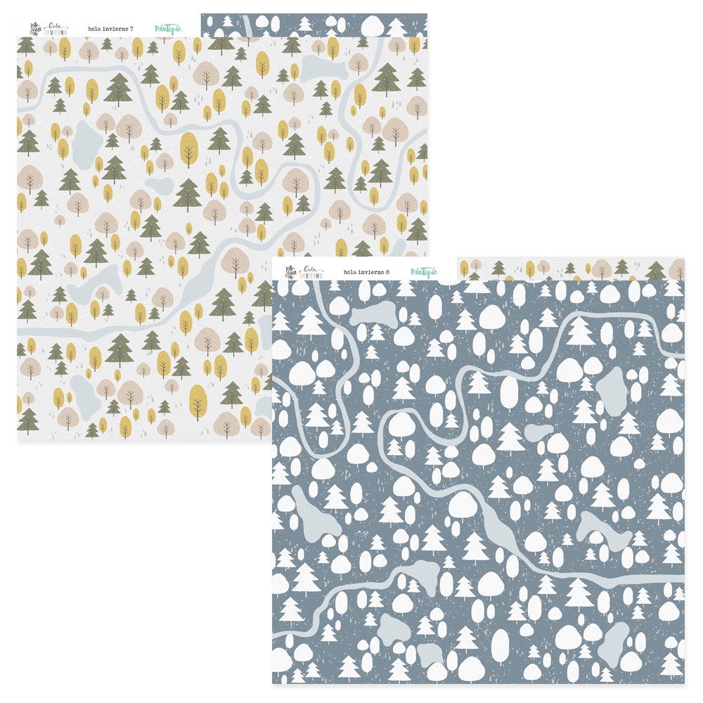 Dois papéis decorativos com padrões de árvores em tons diferentes, bege e azul.