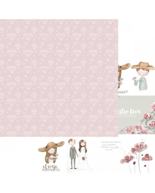 Papel decorativo rosa com padrão de diamantes, ilustrações de noivos e flores.