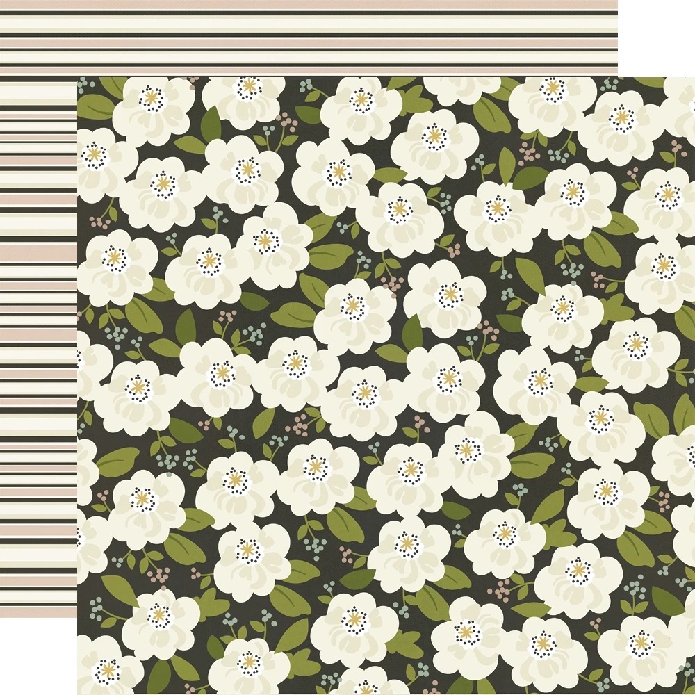 Folha de papel decorativo com padrão floral branco e riscas horizontais castanho