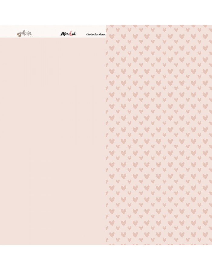 Papel decorativo creme com padrão de corações cor-de-rosa e texto no topo