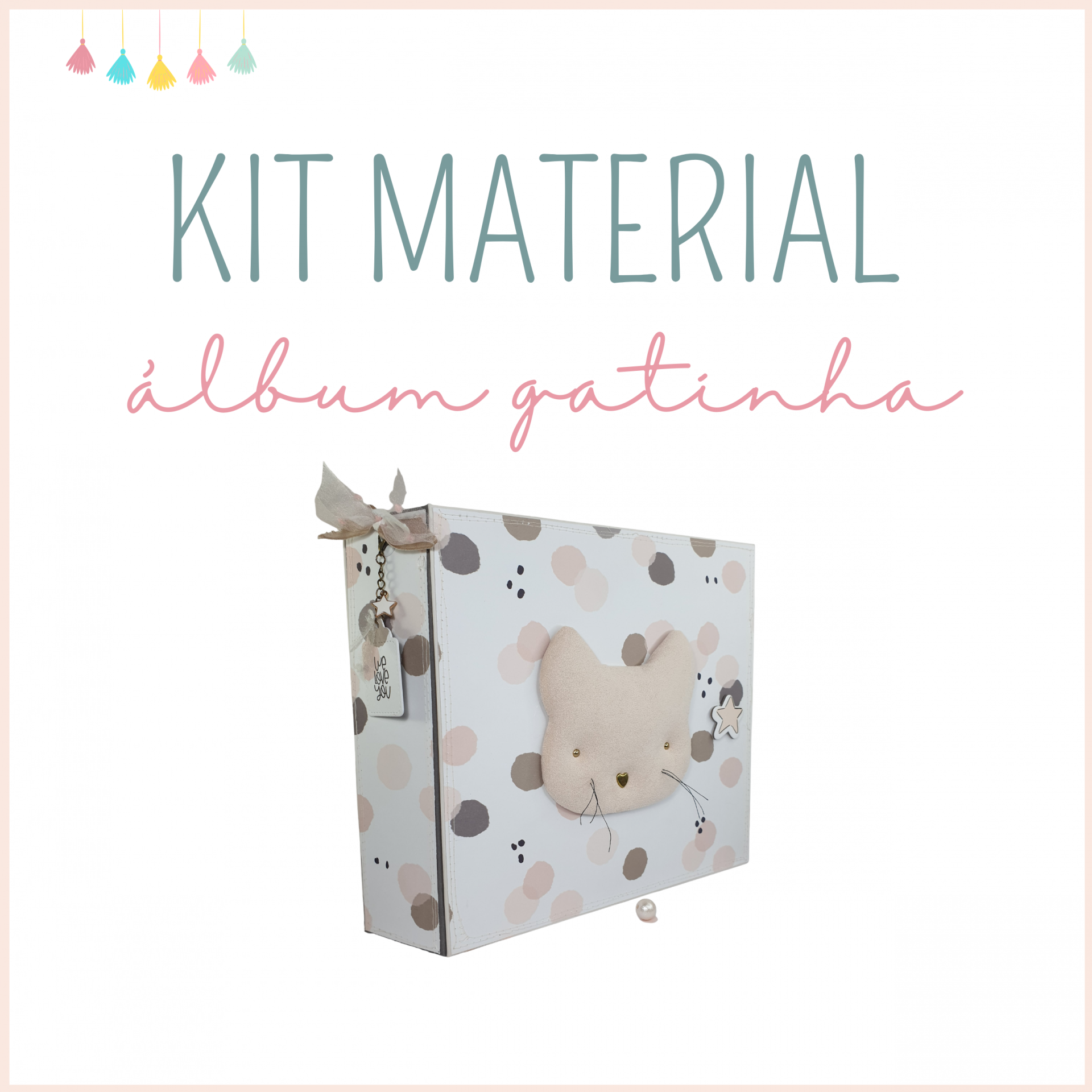 Kit material álbum gatinha com capa de gatinho em tecido e bolinhas bege e cinza