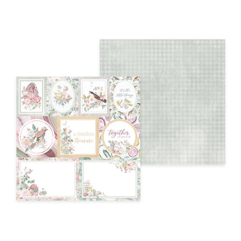 Papel de scrapbooking dupla face com ilustrações florais e pássaros e padrão xadrez verde