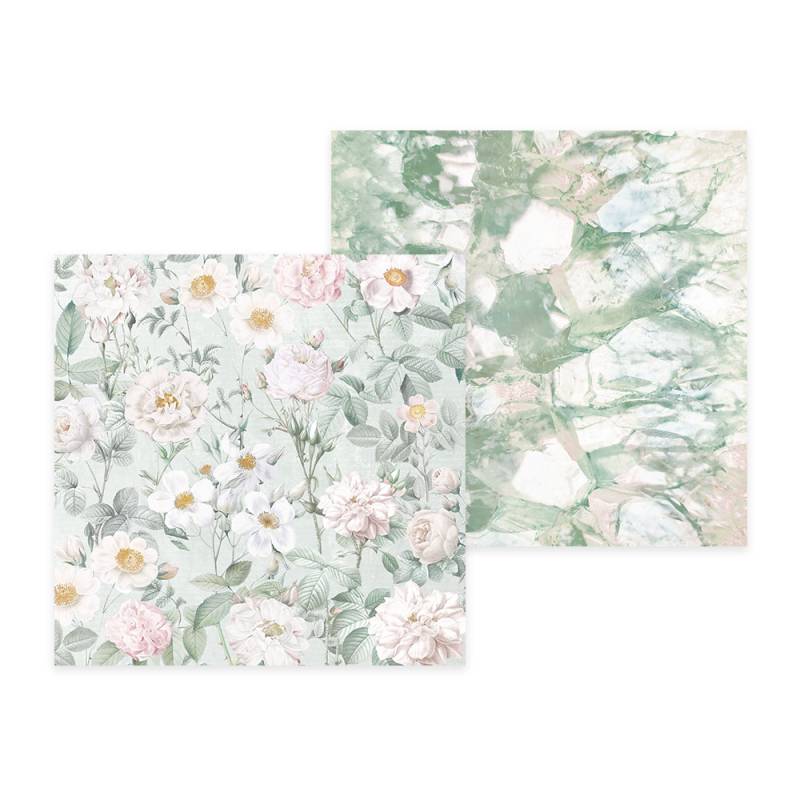 Dois papeis de parede quadrados, um com padrão floral pastel e outro com padrão mármore verde e branco