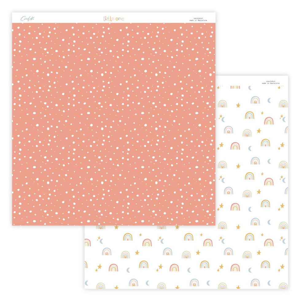 Papéis decorativos de scrapbooking com padrões de pontos brancos e arco-íris