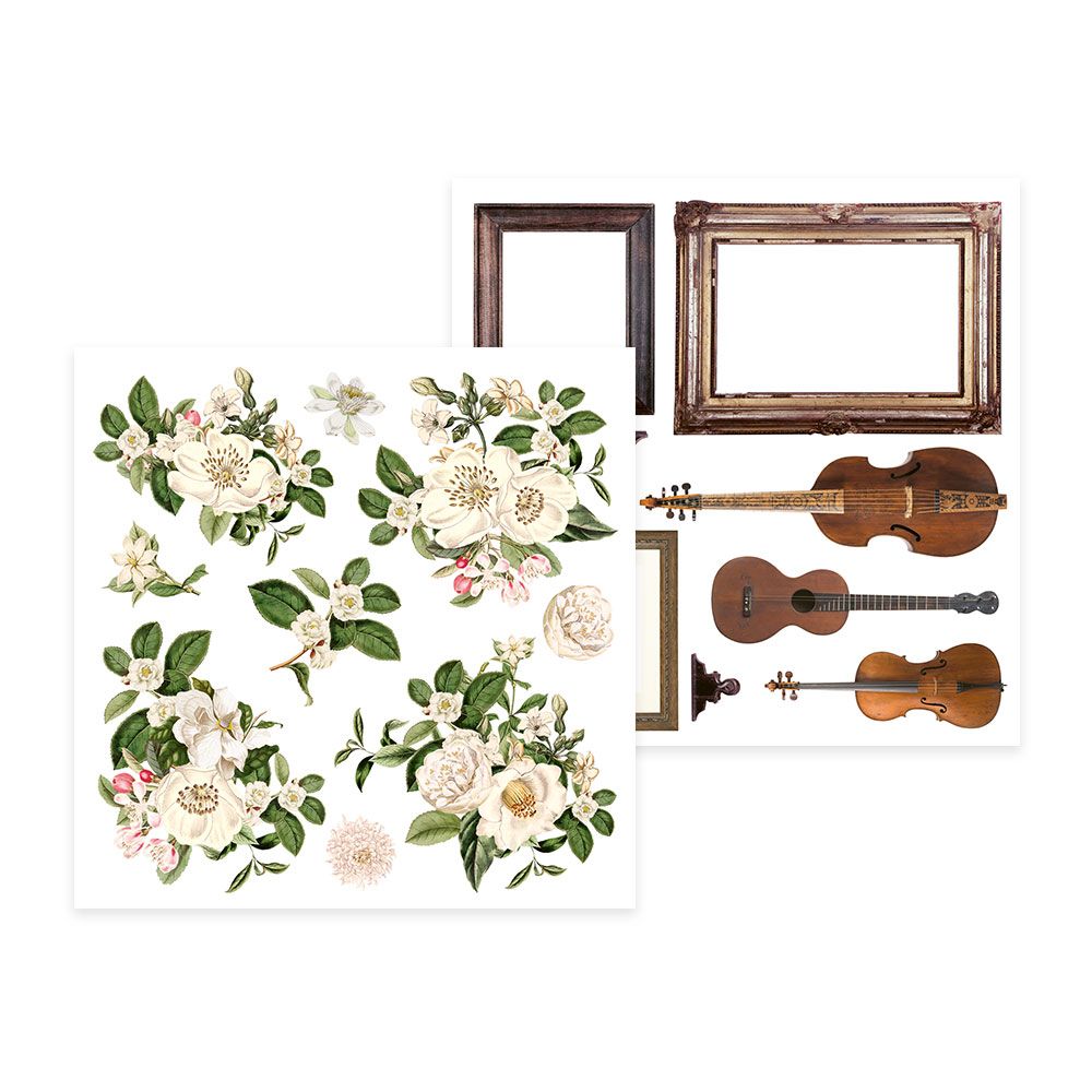 Folhas decorativas com ilustrações de flores e instrumentos musicais