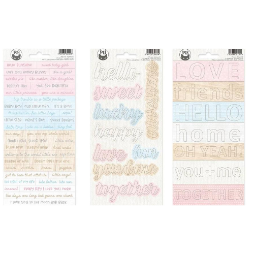 Três conjuntos de autocolantes decorativos com textos em cores pastel