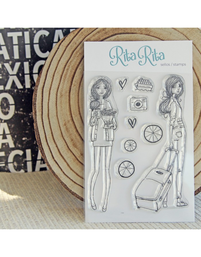 Conjunto de carimbos RITA RITA com raparigas, bolo, máquina fotográfica e corações