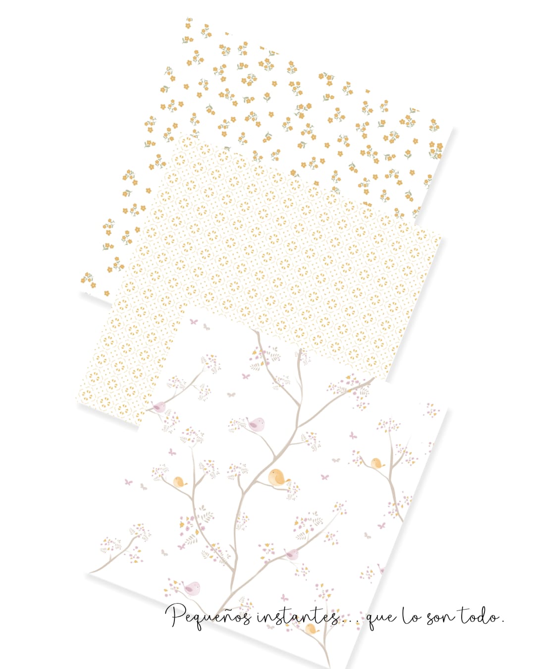 Papéis decorativos com padrões florais e de pássaros em tons pastel sobre fundo branco