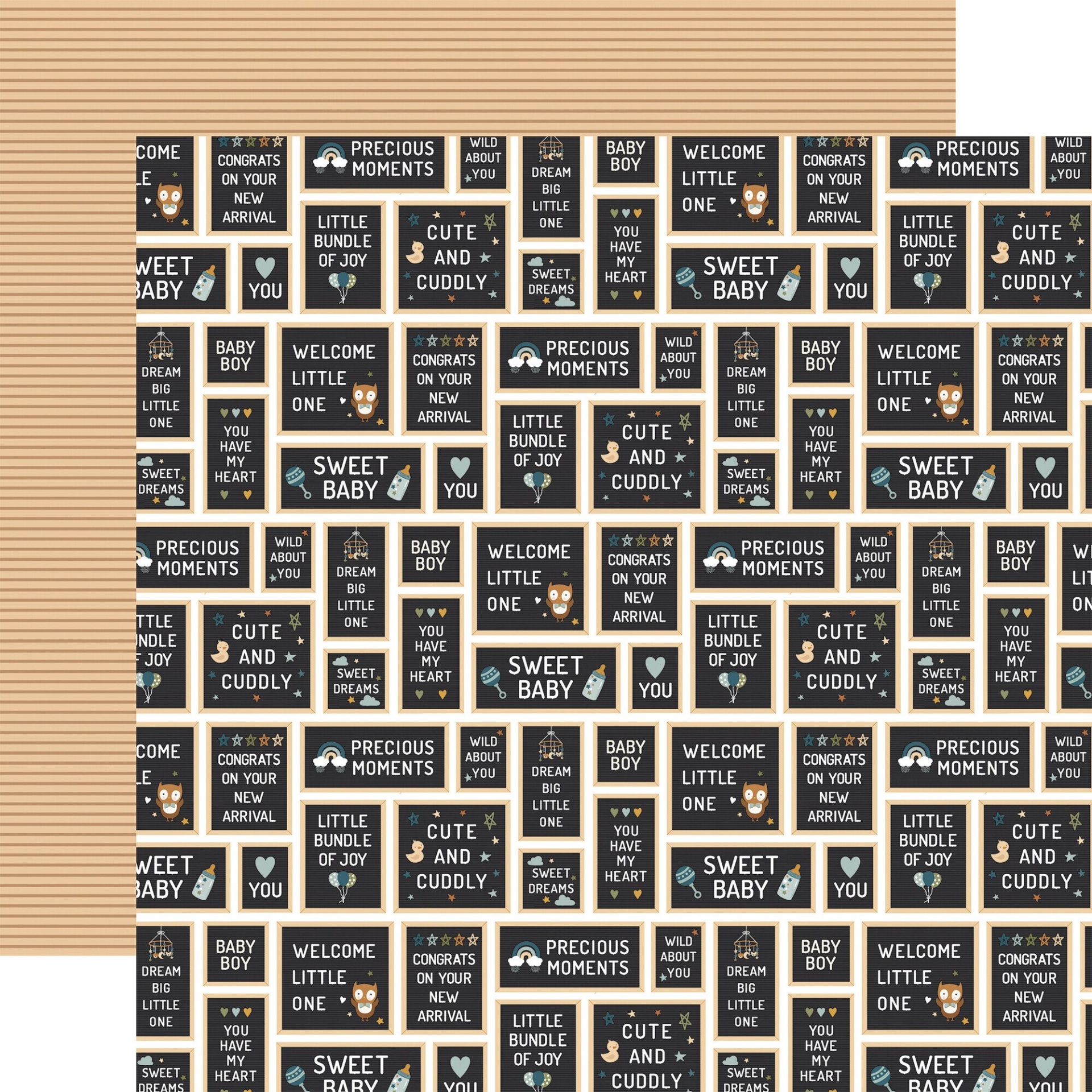 Papel de parede com padrão de blocos quadrados com textos sobre bebês em várias cores neutras