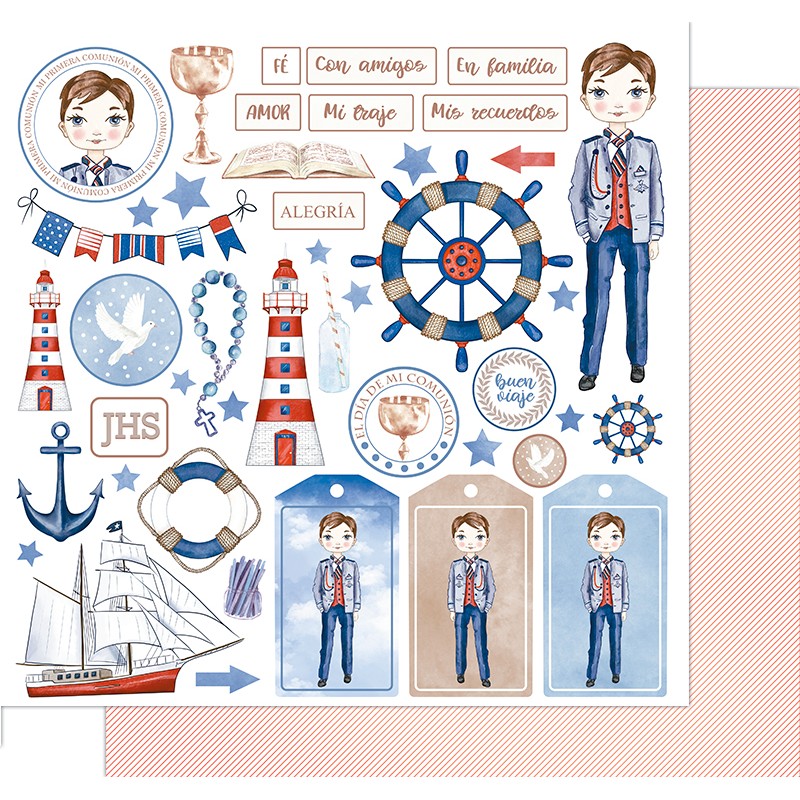 Papel decorativo com tema náutico e menino vestido formal para recortar