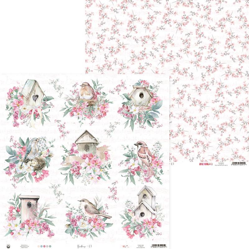 Folhas decorativas com casinhas de pássaros, pássaros e flores em tons pastel