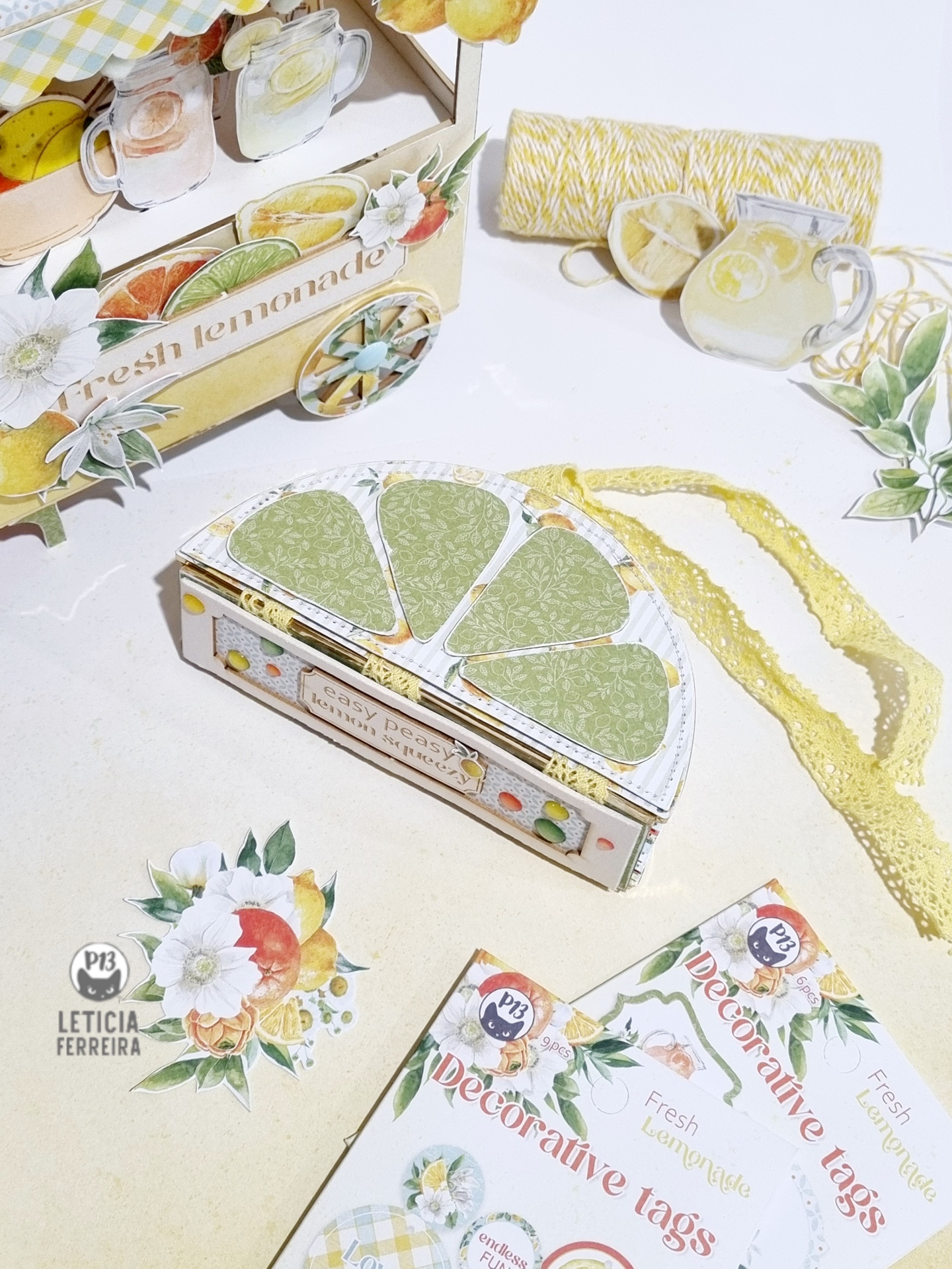 Conjunto de papel decorativo com tema de limonada e etiquetas coloridas em verde, amarelo e branco.