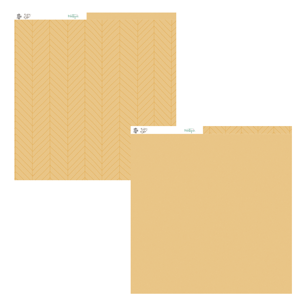 Duas folhas quadradas de papel de embrulho castanho, uma com padrão zig-zag e outra lisa, com texto de dimensões no canto superior