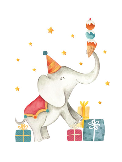 Ilustração de elefante com chapéu e capa, com gelado na tromba e caixas de presente