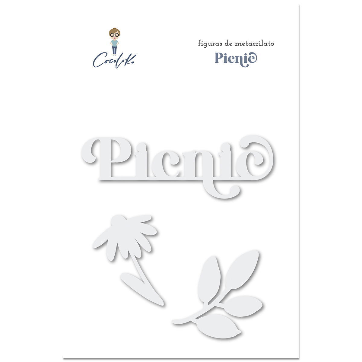 Figuras de metacrilato brancas em placa com texto 'figuras de metacrilato Picnic'