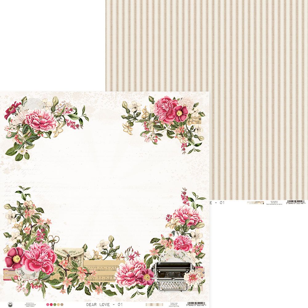 Papel decorativo para artesanato com padrão floral e máquina de escrever, verso listrado